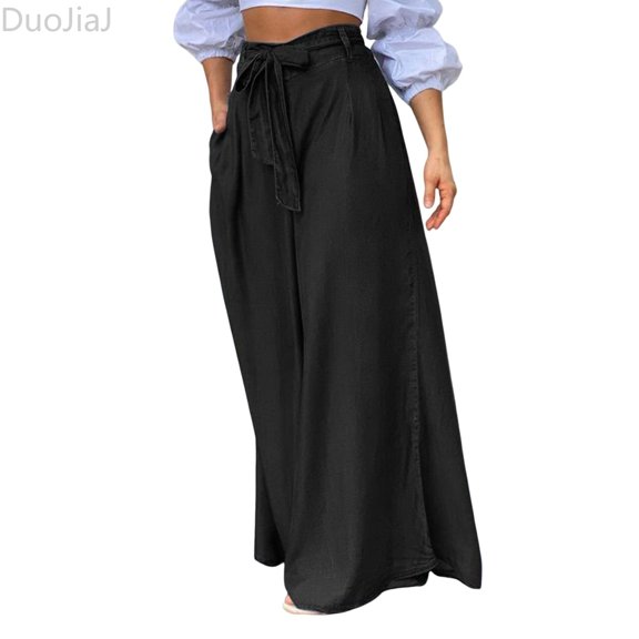 DuoJiaJ Elegant Lace Up High Waisted Women's Wide Leg Pants Casual Large Denim Pants Women's Lounge Pants Black L