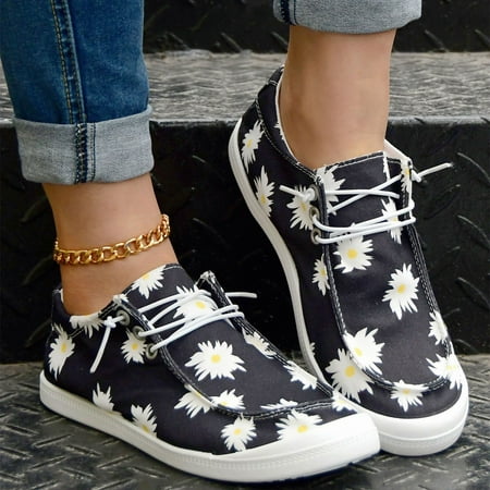 

Women‘s Daisy Print Canvas Shoes Low Top Lace Up Round Toe Casual Shoes Women‘s Comfy Flat Shoes
