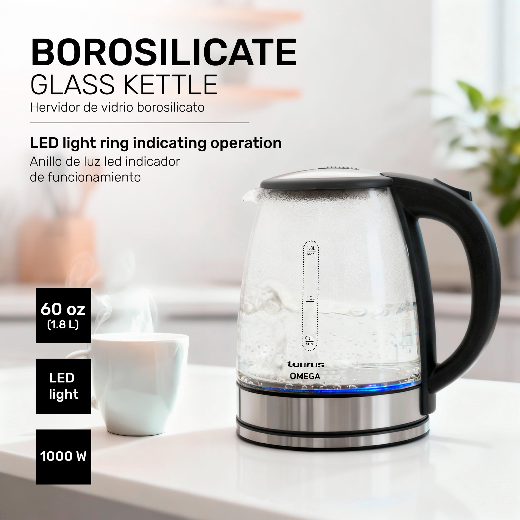Taurus 1.8L Cordless Glass Electric Kettle with Borosilicate Body, 360° Swivel Base, Fast Boil, Auto Shut-Off – BPA-Free, for Tea, Coffee & Instant Meals