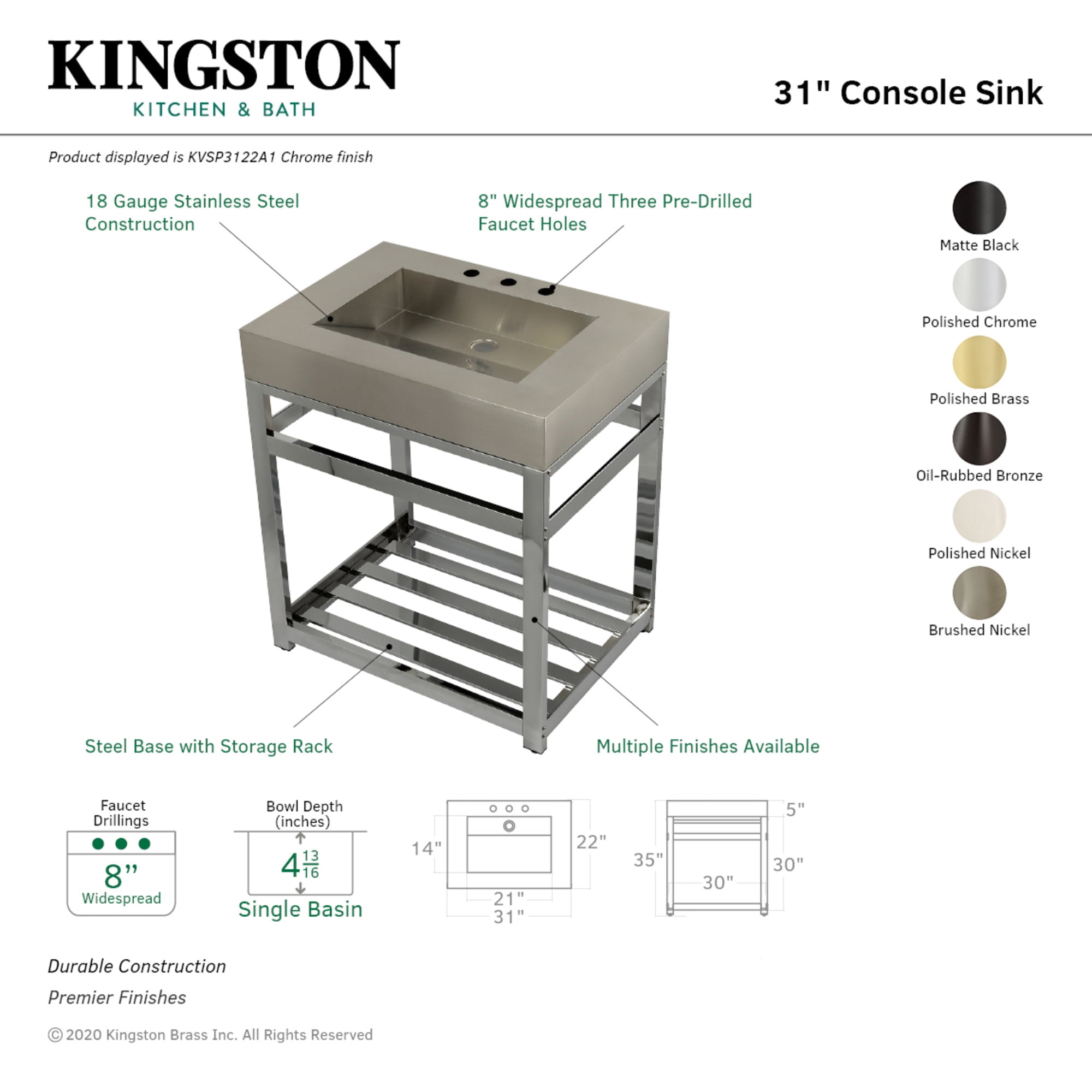Kingston Brass KVSP3122A6 Kingston Commercial 31" Stainless Steel Console Sink with Steel Base (8-Inch, 3-Hole), Brushed/Polished Nickel