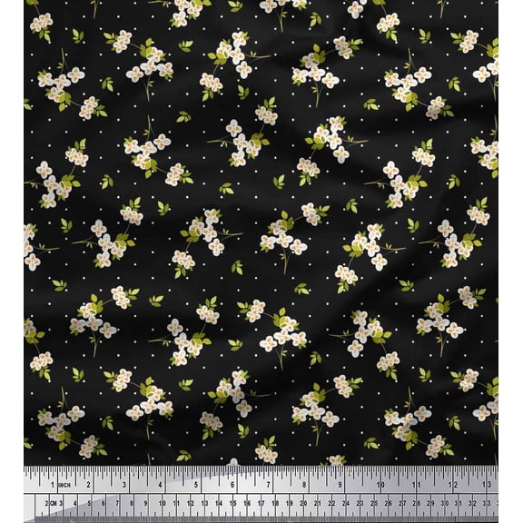 Soimoi Black Cotton Duck Fabric Dot,Leaves & White Flower Floral Decor Fabric Printed Yard 42 Inch Wide