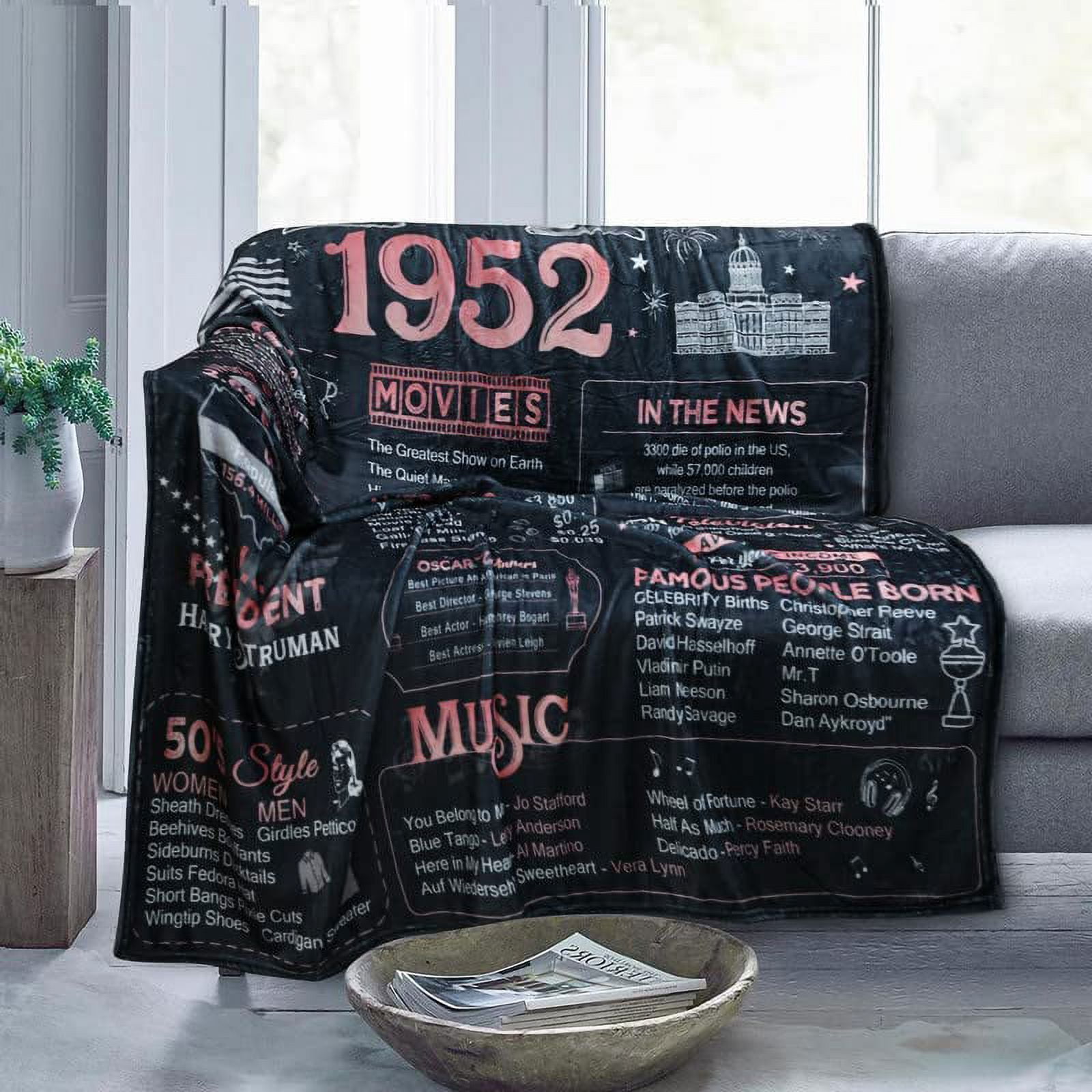 Happy 70th Birthday Gifts for Women Men Blanket 1952 70th Birthday Decorations 70 Years Old Gift for Mom Dad Grandparents Back in 1952 Flannel Fleece Soft Throw Blanket for Bed Sofa 60x50 Inches
