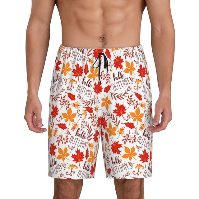 Balery Hello Autumn Maple Leaf Pantalones cortos de pijama de punto de algodón para hombre con cinturilla y bolsillos-Large