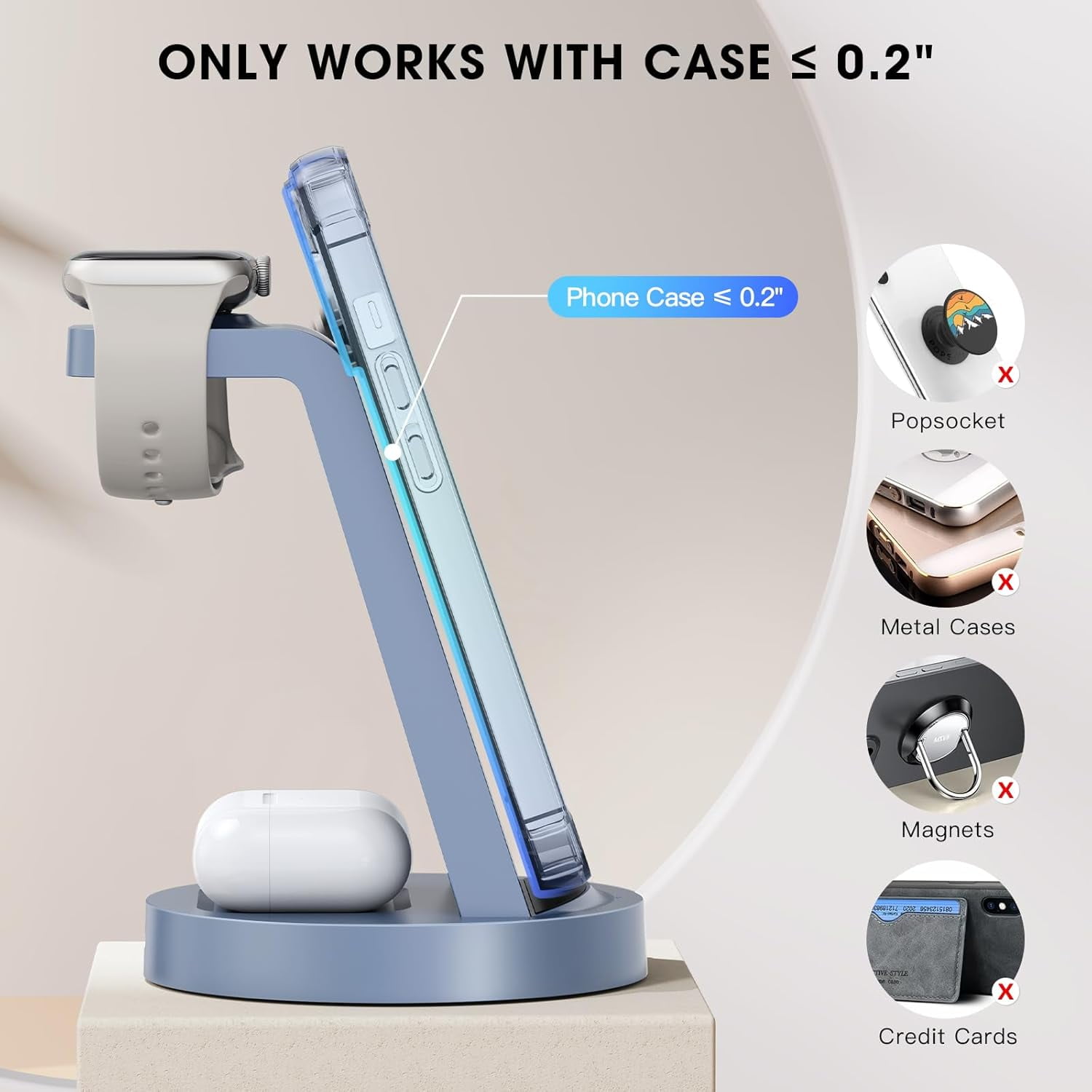 ETEPEHI Wireless Charger - 3 in 1 Charging Station Compatible for iPhone & iWatch - Charging Stand Dock for AirPods (Blue)