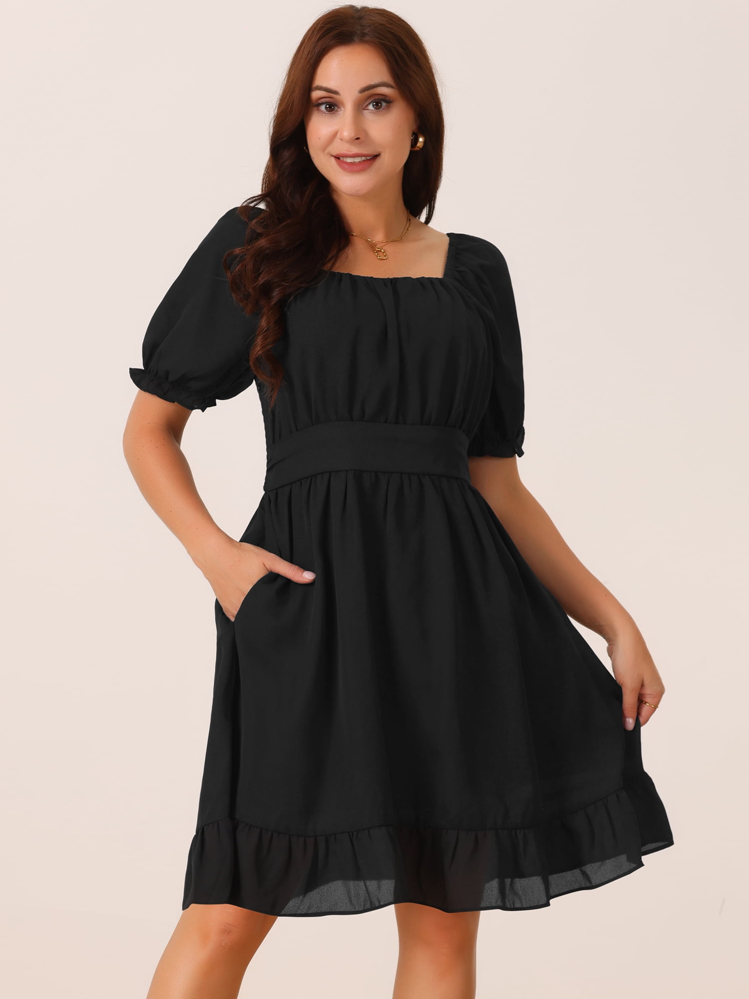 DARING DIVA Women's Summer Casual Square Neck Puff Short Sleeve Ruffle Dress XL Black