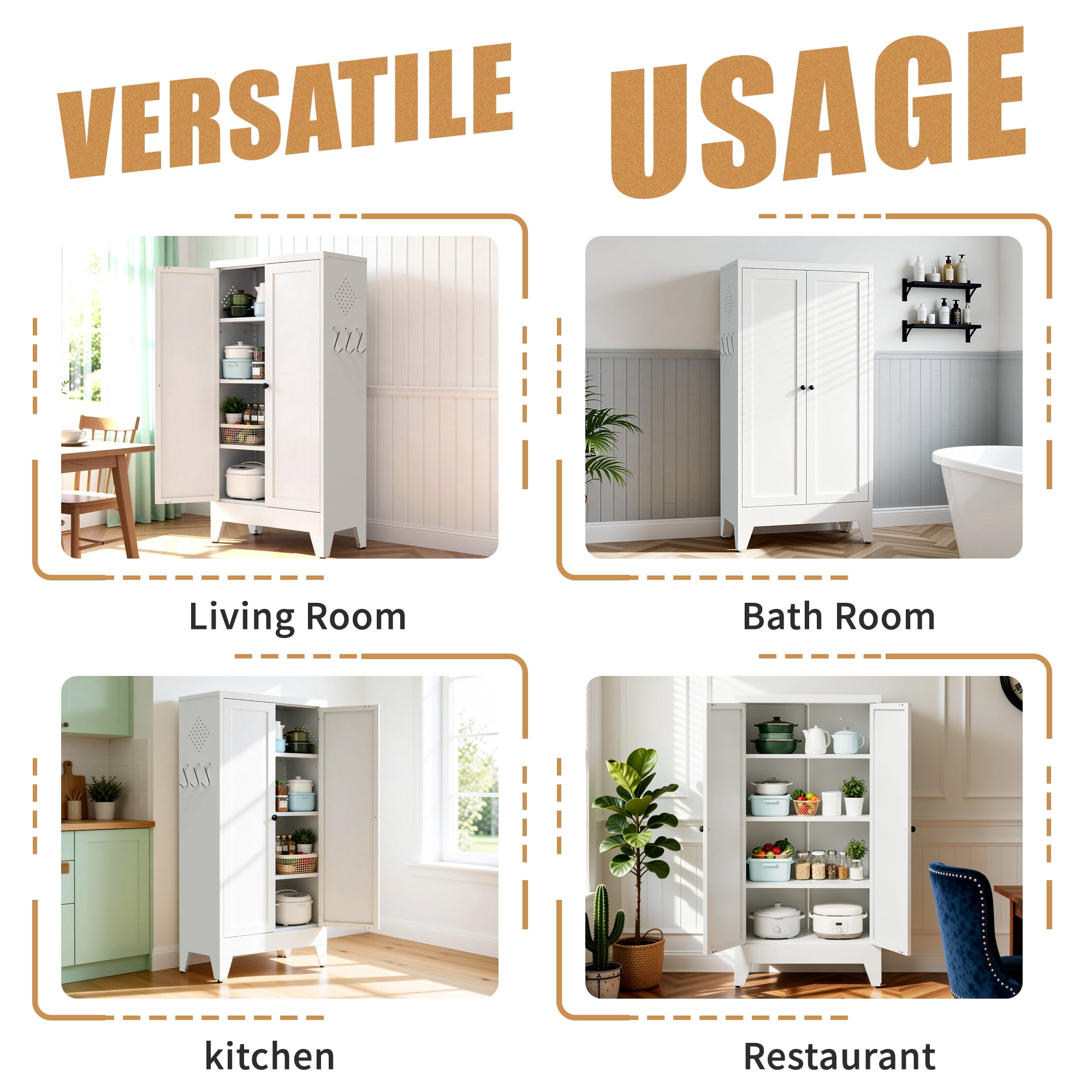 Freestanding Metal Kitchen Pantry Cabinet, 3 Adjustable Heavy‑Duty Storage Shelves (110lbs Each), Anti‑Tip Organizer for Kitchen Pantry Living Room Bathroom