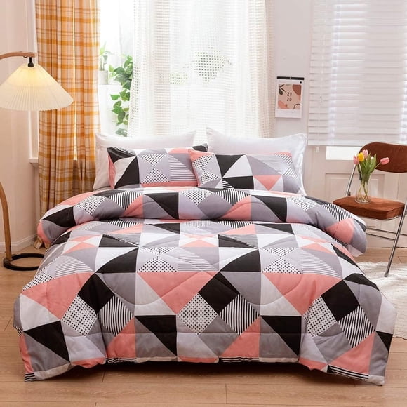 LAICAIW Jyhoney Geometric Comforter Set Full Queen Size Modern Pink Grey Abstract Triangle Bedding Set Reversible Minimalism Diamond Quilt Set Soft Microfiber Double Bedspread Coverlet,3pcs