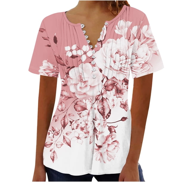 Tops de Algodón para las Mujeres Impreso en V-Cuello Botón Arriba Manga Corta Superior, Imitación Algodón Casual Blusa