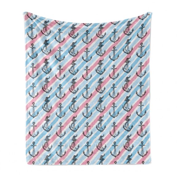 Anchor Soft Flannel Fleece Throw Blanket, Abstract Rope on Pastel Colored Stripes Diagonally Arranged Pattern, Cozy Plush for Indoor and Outdoor Use, 70" x 90", Baby Blue and Pale Pink, by Ambesonne
