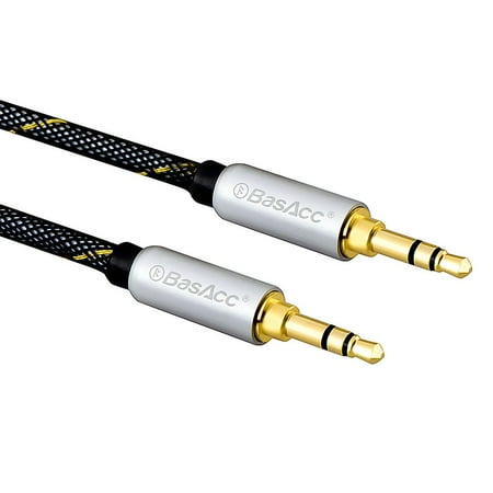 Auxiliary Audio Cable by BasAcc 4' Premium Stereo 3.5mm Braided Audio Cable Gold Plated Silver for Sound bar Soundbar System Speaker Smartphone Cell Phone Tablet iPhone iPod iPad Mini 5 iPad Air (Best Audio Smartphone 2019)