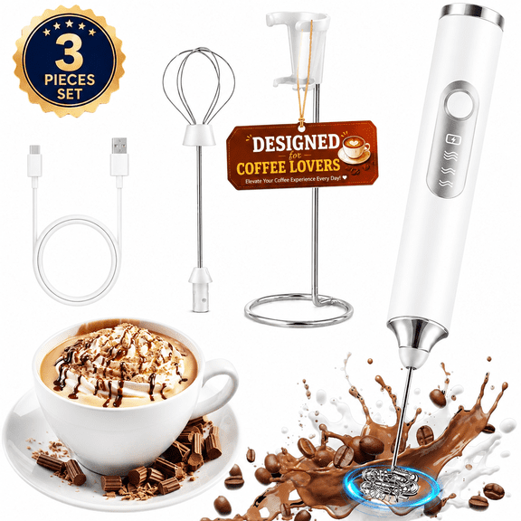 Milk Frother Handheld, Rechargeable Frother Wand with Stand, Electric Whisk Drink Mixer with 2 Heads, Coffee Frother Handheld for Latte, Cappuccino, Matcha, Hot Chocolate, Eggs & Protein-White