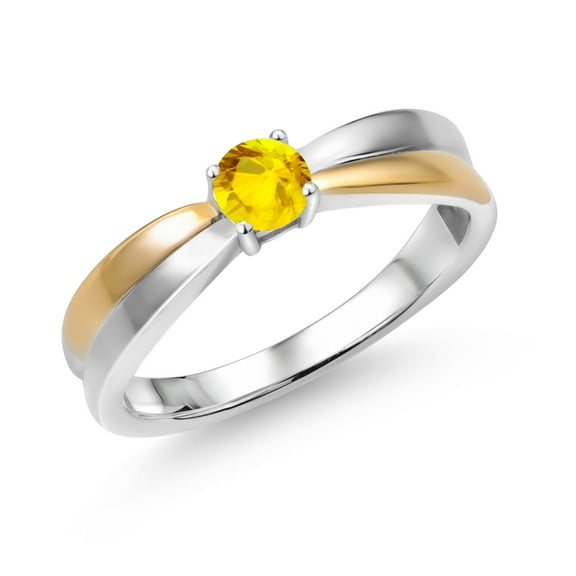 Gem Stone King 925 Silver and 10K Yellow Gold Yellow Sapphire Solitaire Engagement Ring for Women (0.36 Cttw, Round 4MM, Gemstone Birthstone, Available in Size 5, 6, 7, 8, 9)