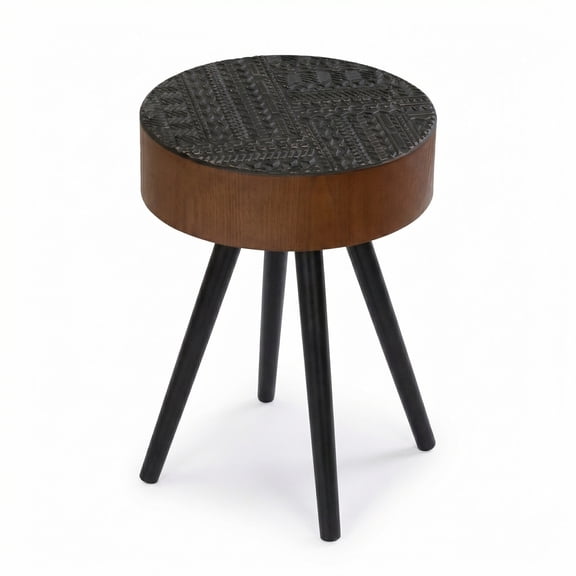 Round Vintage Wooden Side Table, 22 Inch Accent End Table with Carved Black Top, Small Round Side Table for Living Room, Bedroom, Sofa & Entryway