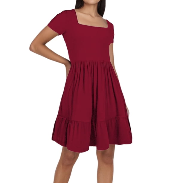 Vestido de playa con cuello cuadrado para mujer: corte A plisado, cuello cuadrado, ligero, informal/vacaciones, tejido transpirable.