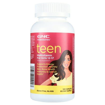 GNC Milestones Teen Multivitamin For Girls, Ages 12-17, For Overall Health, 120 Caplets, 60 Day Supply