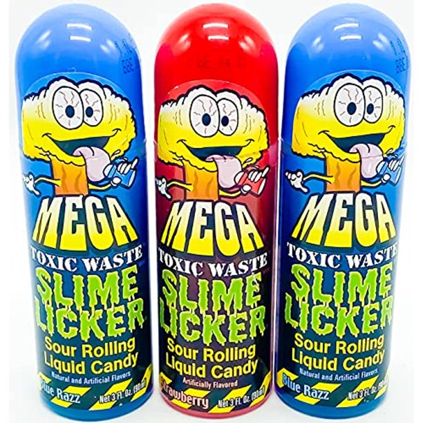 Slime Licker Mega Size 3Pack Of Sour Rolling Liquid Candy One Red Strawberry And Two Blue