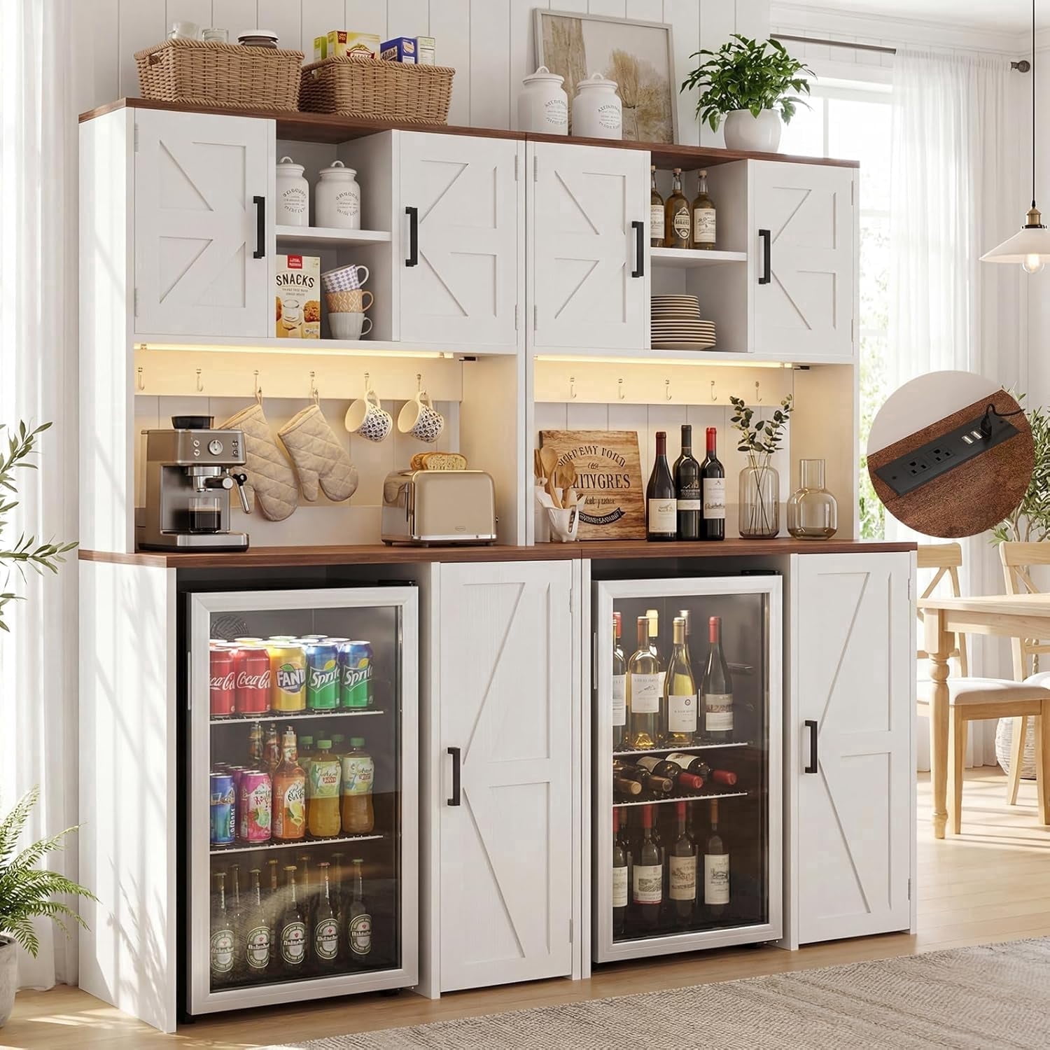 Aheaplus 2-in-1 Mini Fridge Cabinet & Coffee Bar Station Bundle - with Power Outlet, LED Light, Microwave Shelf & Storage, Ideal Beverage Center for Kitchen, Dorm, Office,White