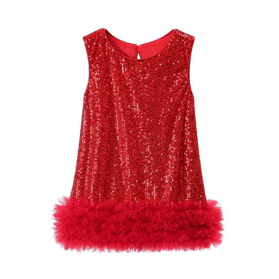 Byoo Infant Girls' Sequin Feather Trim Shift Dress Solid Color Sleeveless Sparkle Party Gown Birthday Holiday Glitter Dress,Red