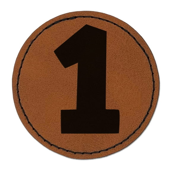 Number 1 One Fun Bold Font 2.5" Faux Leather Round Engraved Iron-On Patch - Brown