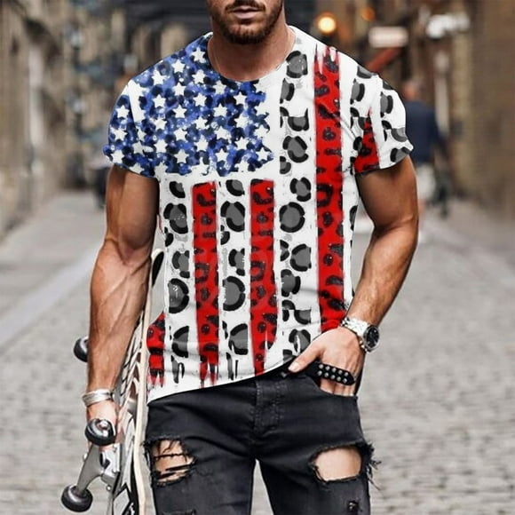 TIMIFIS Mens American Flag T-Shirt Patriotic Vintage Shirts 4th of July Short Sleeve Hipsters Tee Shirt Casual Round Neck - Spring/Summer
