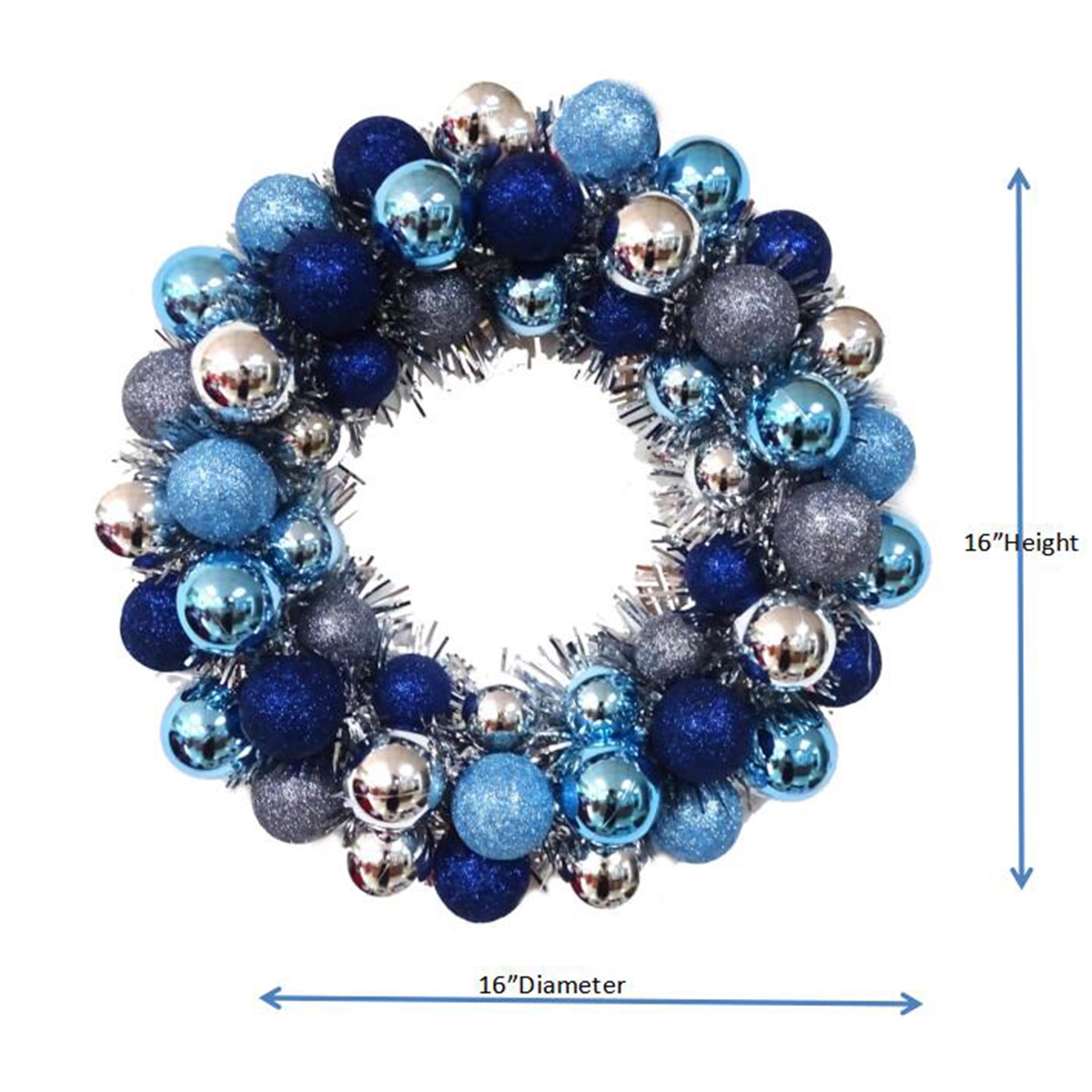 16 in Holiday Time Blue & Silver Round Ball Christmas Tinsel Wreath, HOLIDAY TIME PL 16`` CMAS BLUE WRTH