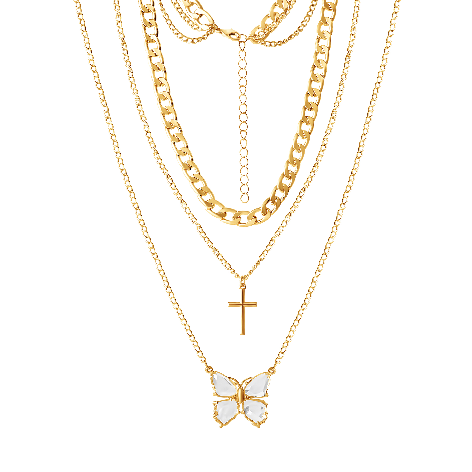 Jessica Simpson Women's Layered Necklace, Butterfly and Cross