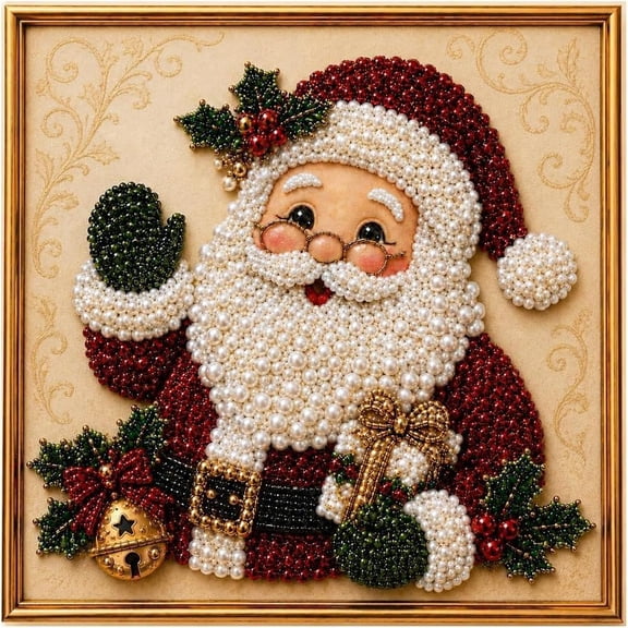 Zenivyr DIY Christmas Pearl Diamond Painting Art Kit with Frame, Christmas Pearl Beads Art Craft for Adults Beginner, Gemstone Diamond Dots Beads for Home Wall Decor (Santa-2)