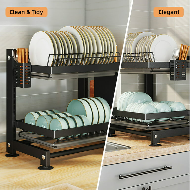 CACAGOO 2-Tier Dish Drying Rack - Adjustable Drying Rack w/Large Capacity,  Space-Saving Dish Rack for Kitchen Counter 
