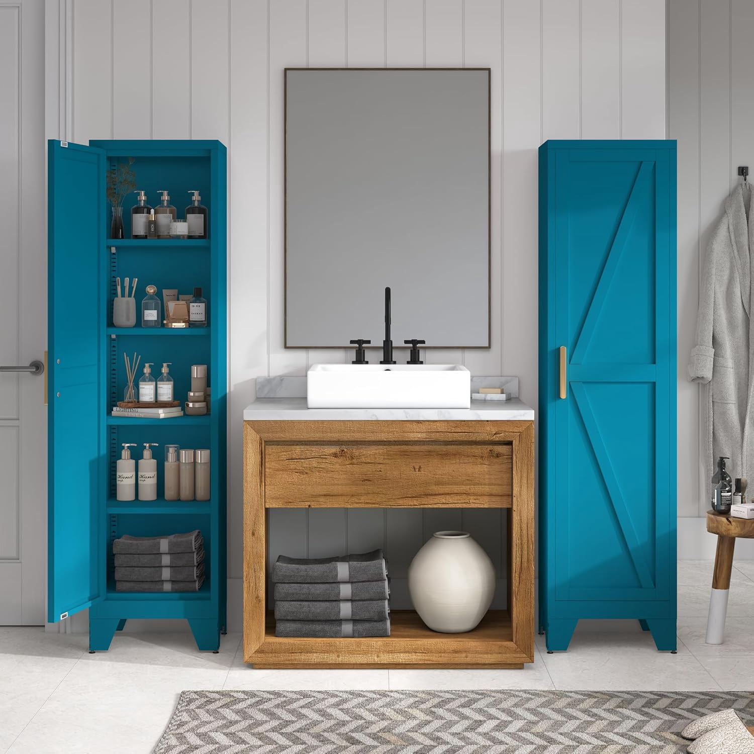 Elegant 67"H Tall Bathroom Cabinet,Narrow Metal Storage Cabinet with 5 Adjustable Shelves and Single Barn Door for Bathroom,Kitchen,Entryway,Blue