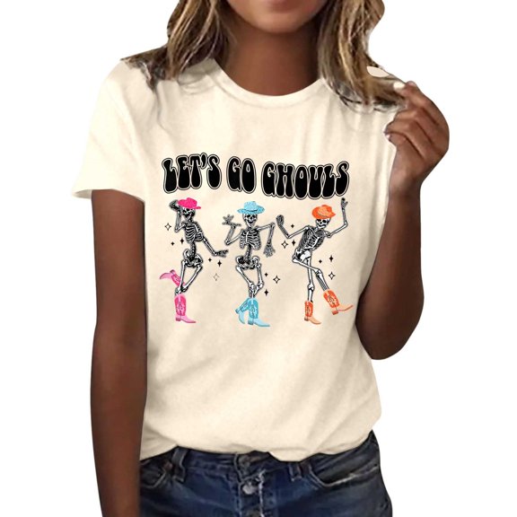 FUZHIQ Women's Halloween Graphic Short Sleeve T Shirt Casual Comfortable Tee For Fall Party Daily Wear Printed Top