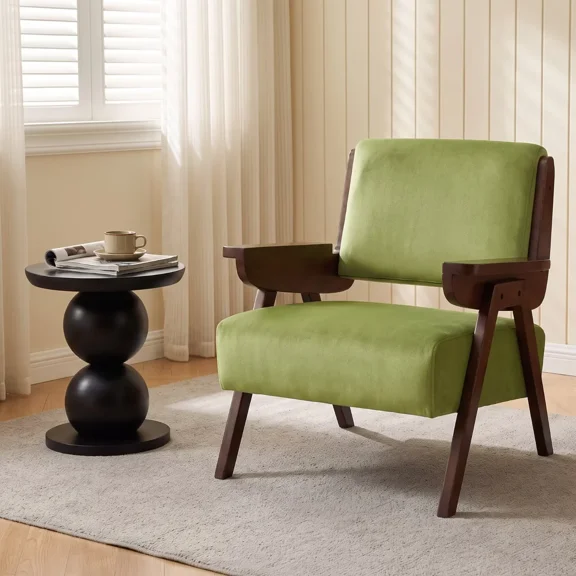 HASLE Accent Chair, Mid-Century Modern Armchair with Thick Cushion, Velvet Upholstery, Solid Wood Arms & Legs, Living Room Bedroom, Green