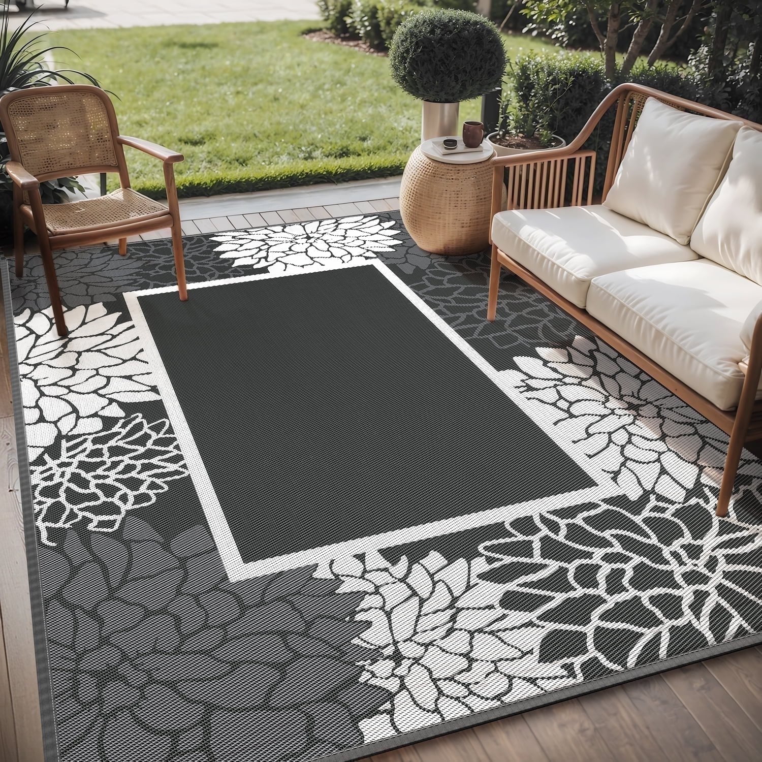 SIXHOME Outdoor Rug 9 x12 Waterproof Reversible Patio Rug Floral Border Plastic Straw Indoor Outdoor Rug for RV Camping Garden Picnic Beach Deck Backyard Porch Decor Dark Grey and White