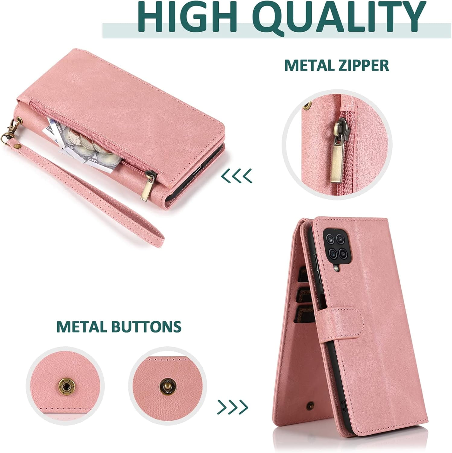 Compatible with Samsung Galaxy A12/M12 Wallet Case Tempered Glass Screen Protector Zipper Leather Flip Cover Card Holder Cell Phone Cases for Glaxay A 12 5G Gaxaly A-12 S12 12A 4G Women Rose Gold