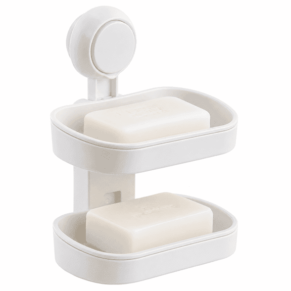 White Double Layer Suction Cup Soap Dish Holder, Wall Mounted Self-Draining, Removable Waterproof