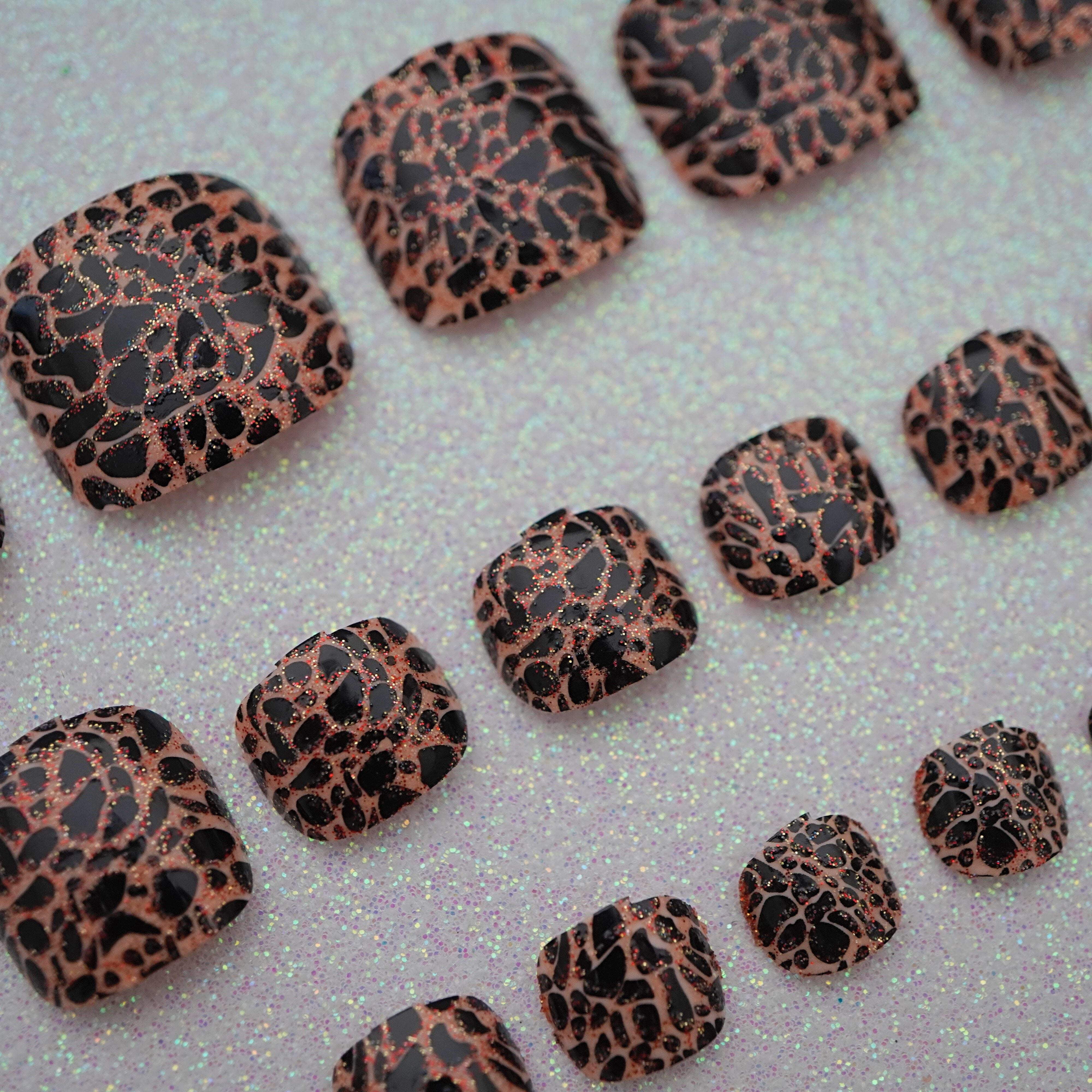 Brown Glitter Black Animal Print Press On Toe Nails, Glue On False Tips Fake Toenails Set