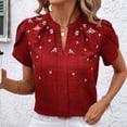 thumbnail image 4 of Tops de Color Sólido para las Mujeres Blusa de Manga Corta Plisada Hueca, Cuello de Pie Top de Moda Casual, 4 of 8