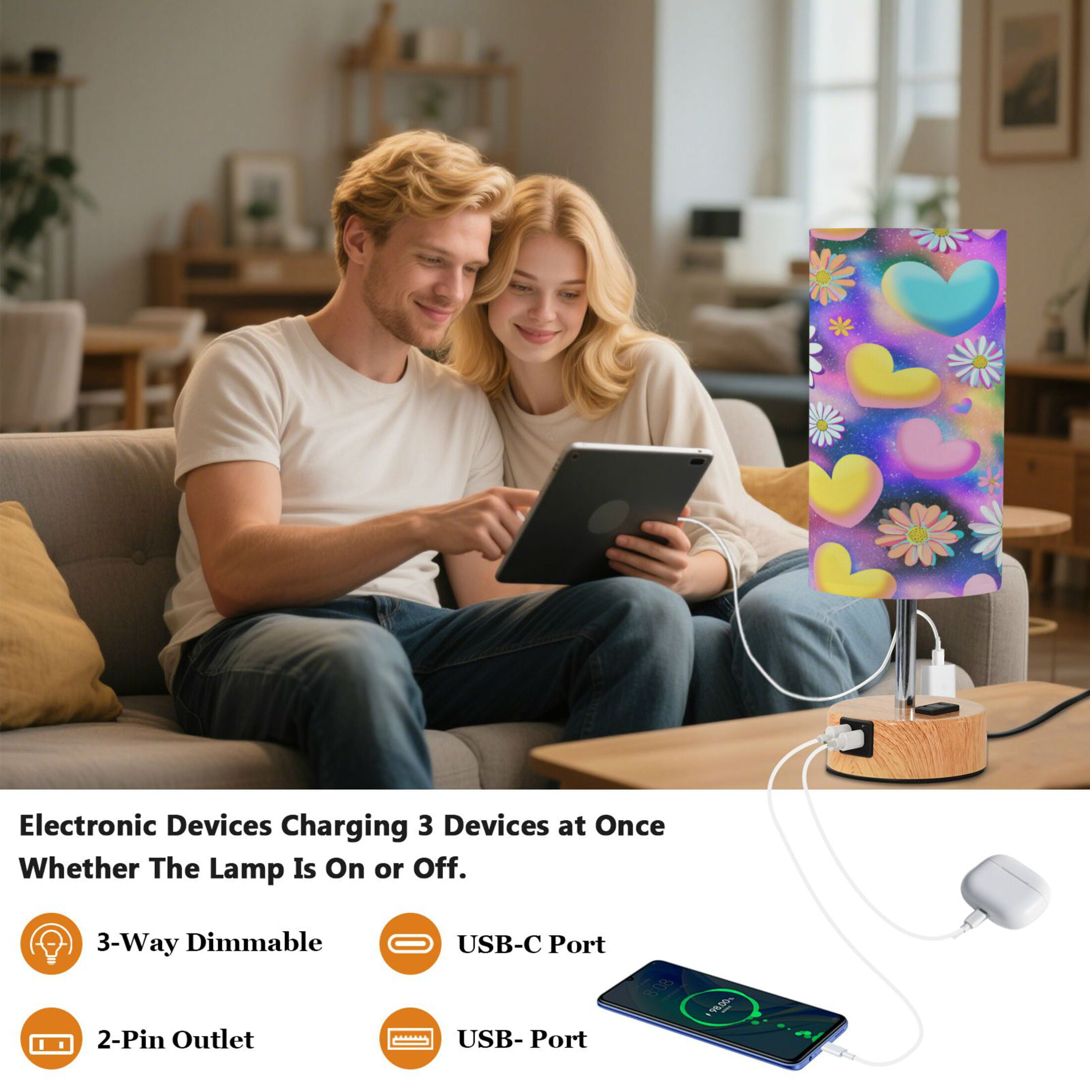 Touch-Control 3-Color Desk Lamp with Plug – Energy-Saving LED + 3 Simultaneous Charging Ports Kawaii Daisy Pop Art