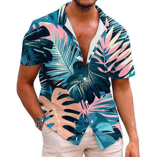 Camisas de Manga Larga para Hombres, Cómoda Impresión de Manga Corta Blusa de Cuello Redondo Hecha de Poliéster Ligero para el Verano, Camisas de Verano para Hombre