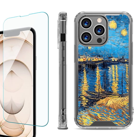 Shockproof Bumper Phone Case for iPhone 13 Pro Max, with Tempered Glass Screen Protector, by OneToughShield ® - Starry Night Rhone