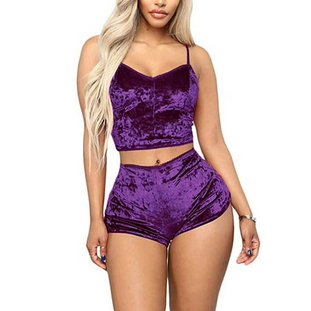 

GuliriFei 2pcs Women Satin Sleepwear Babydoll Lingerie Nightdress Pajama Sling Crop Top Shorts Set