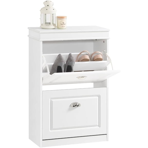 SoBuy Small Shoe Cabinet, Slim Shoe Rack 2 Flip-Drawers, Thin Shoe Storage Cupboard Organizer Unit for Entryway and Hallway, White FSR78-W