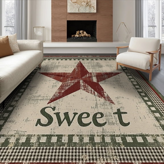 ODIKA 8'x10' Washable Area Rug Primitive Folk Vintage Lettering Distressed Farmhouse Border for Living Room, Under Sectional, Family , Durable, Non-Slip