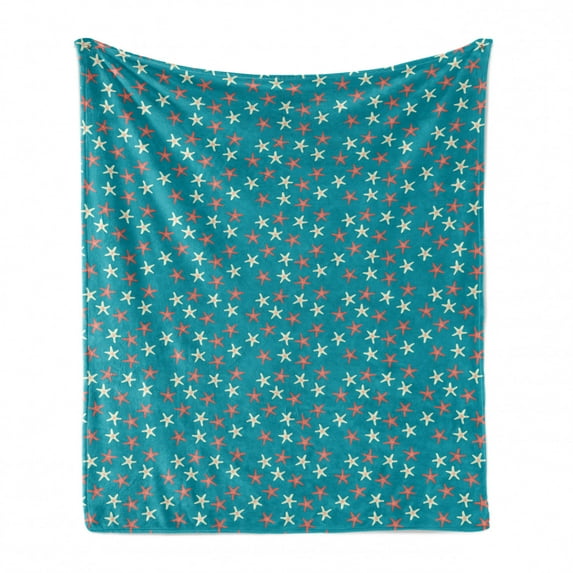 Under the Sea Soft Flannel Fleece Blanket, Starfishes Pattern Dots Nautical Wildlife Composition Marine Fauna, Cozy Plush for Indoor and Outdoor Use, 60" x 80", Coral Ivory and Teal, by Ambesonne