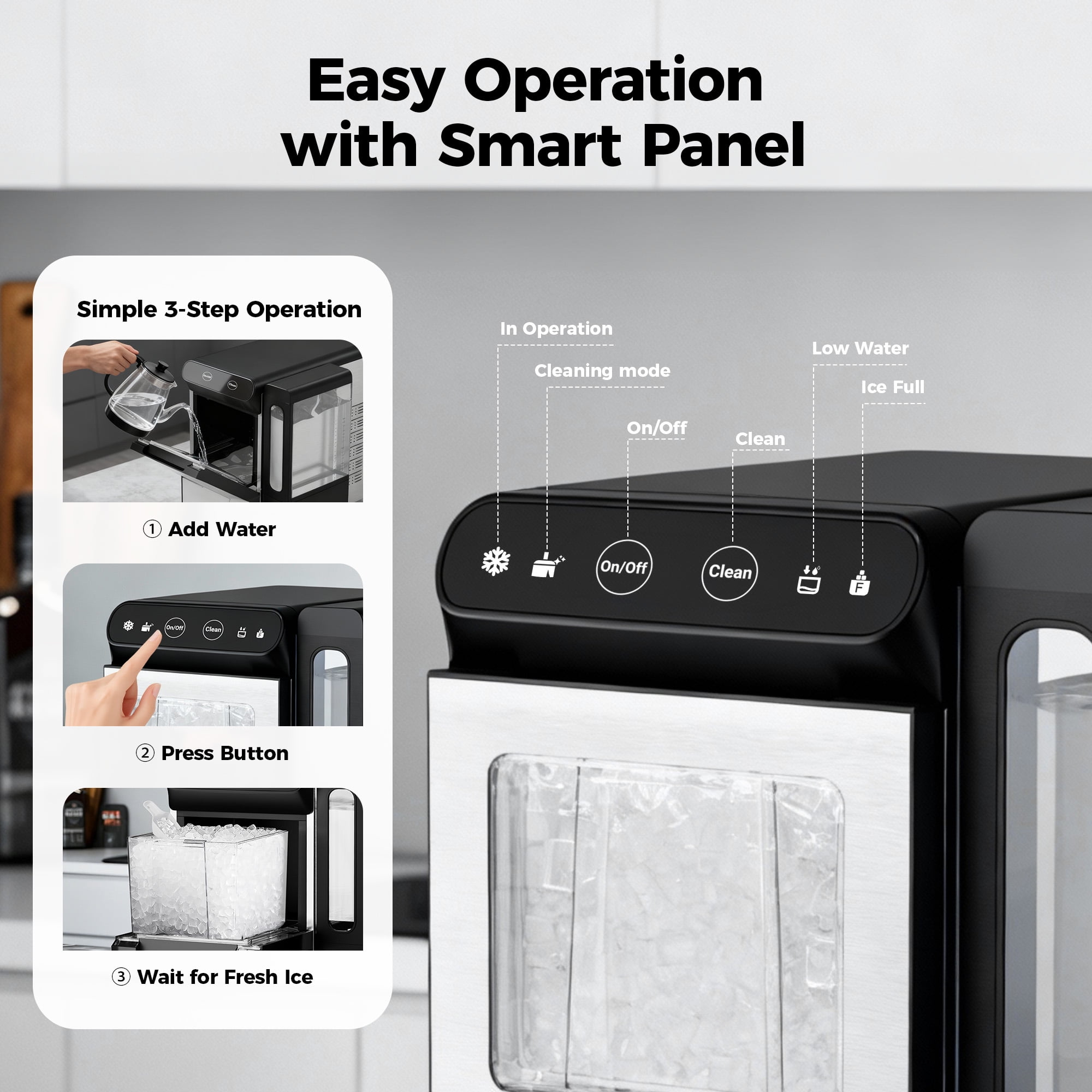 Simzlife Nugget Ice Maker Countertop 26.5 lbs/24H, Self- Cleaning Countertop Ice Machine, 1.7 Qt Water Tank, Stainless Steel, Soft Chewable Pellet Ice for Home/Kitchen/Party