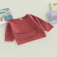 thumbnail image 3 of Chandail en Molleton à Col Rond pour Bébé Garçon Fille avec Poche, Couleur Unie, Manches Longues, Hauts Décontractés, Rouge Brunâtre 1-2 Ans, 3 of 8