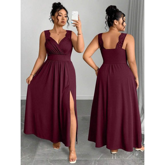 Burgundy Plus Size V-Neck Lace Spaghetti Strap Maxi Dress With Side Slit