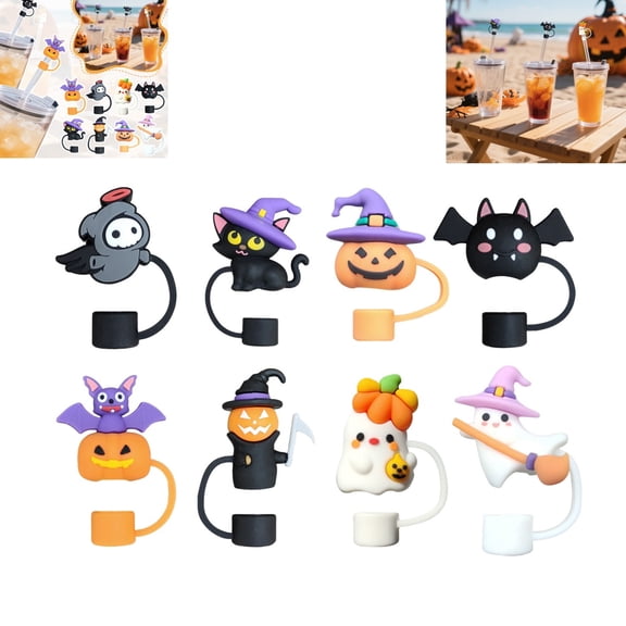 8Pcs Halloween Silicone Straw Cover Caps, Cute Cartoon 10mm Straw Tip Lids, Reusable Straw Toppers for Halloween Party Cup Decor