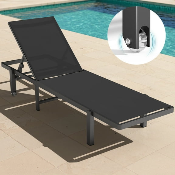 Ciokea Black Lounge Chair Outdoor with Wheels for Poolside Patio Sun Lounger 5-Position Adjustable Recliner