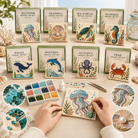 DIY Sea Glass Mosaic Art Kit, Ocean Animal Sea Glass Art Kit for Adults, Beginner Mosaic Craft Set with Colorful Glass Pieces and Tools, Handmade Coastal Tabletop Decor Gift