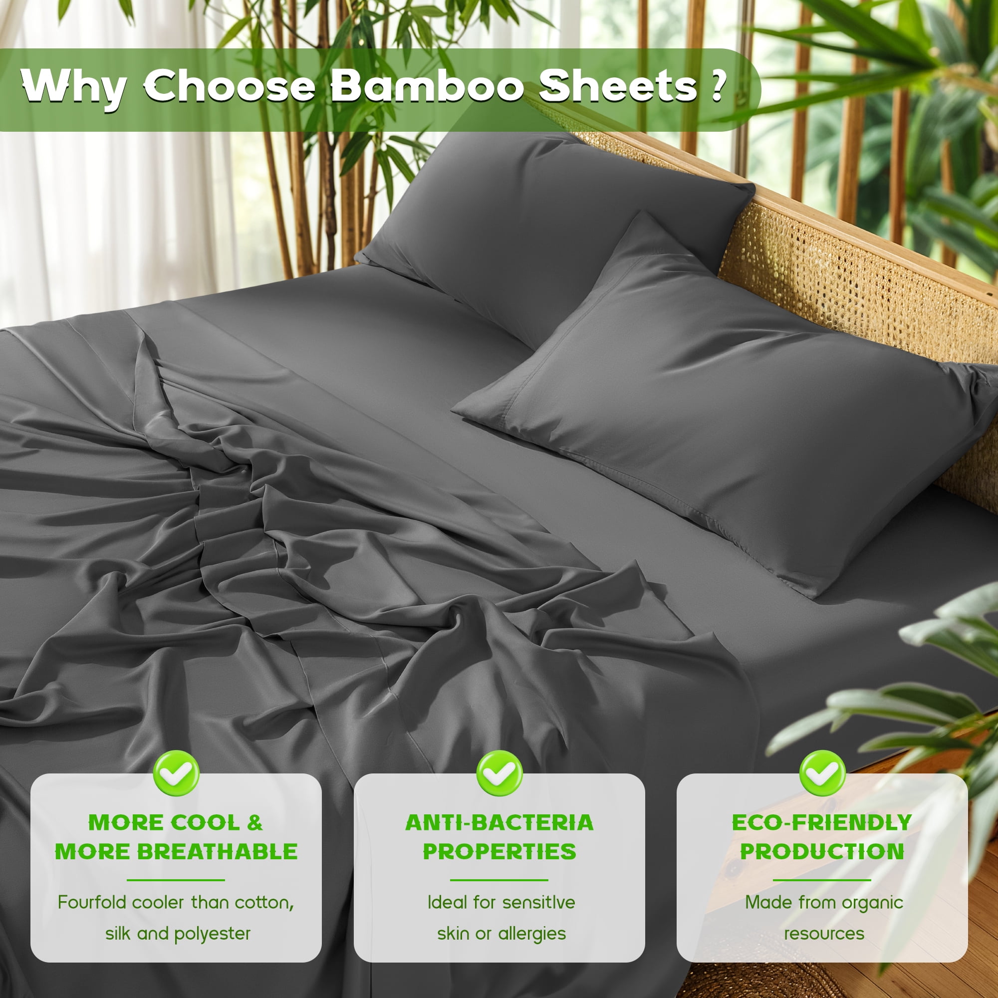 Sonoro Kate Luxury Cooling Bamboo Bed Sheet Set - Deep Pockets - 4 Piece, Queen, Dark Gray